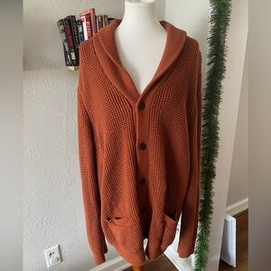 LL Bean Rust Organic Cotton Shawl Collar Heavy Waffle Knit Grandpa Cardigan Cozy